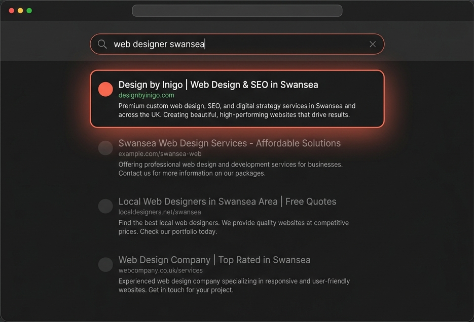 Google search results showing Design by Inigo ranking first for web design in Swansea